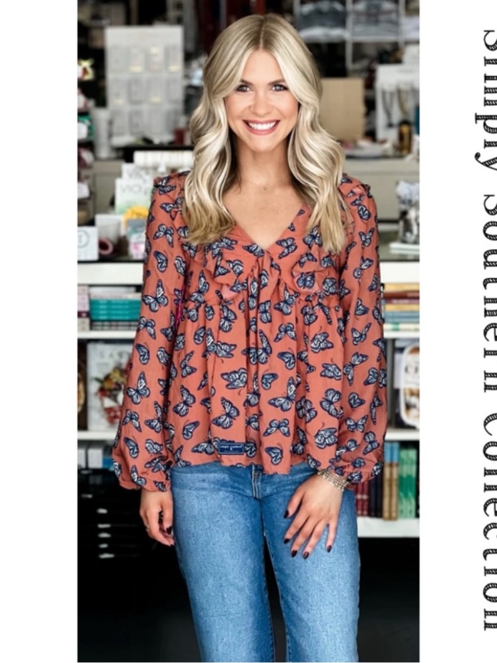 Simply Southern Rust Orange Butterfly Print Tie-back Blouse XL fully lined